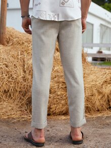 Manfinity Homme Men Slant Pocket Straight Leg Pants, Mens Linen Pants, Mens Beige Pants, Mens Slim Fit Pants