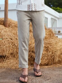Manfinity Homme Men Slant Pocket Straight Leg Pants, Mens Linen Pants, Mens Beige Pants, Mens Slim Fit Pants