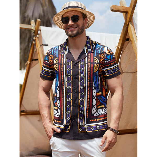 

Men Animal And Baroque Print Button Front Shirt, Multicolor