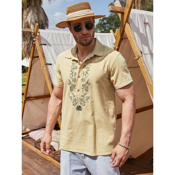 

Men Half Button Floral Embroidery Shirt, Apricot