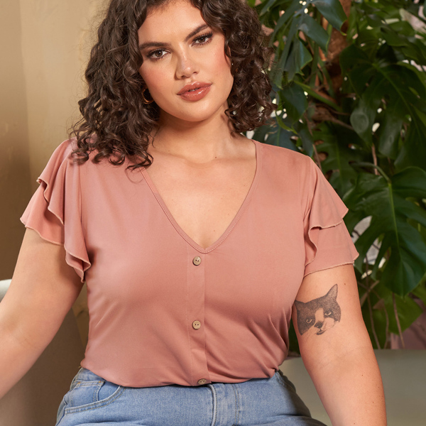 

Plus Solid Layered Ruffle Sleeve Tee, Dusty pink