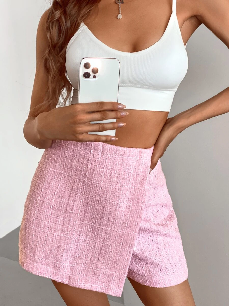 GENKIRA Tweed Solid Culotte Shorts - Pink - View 1
