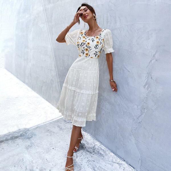 

Floral Embroidery Ruffle Hem Dress, White