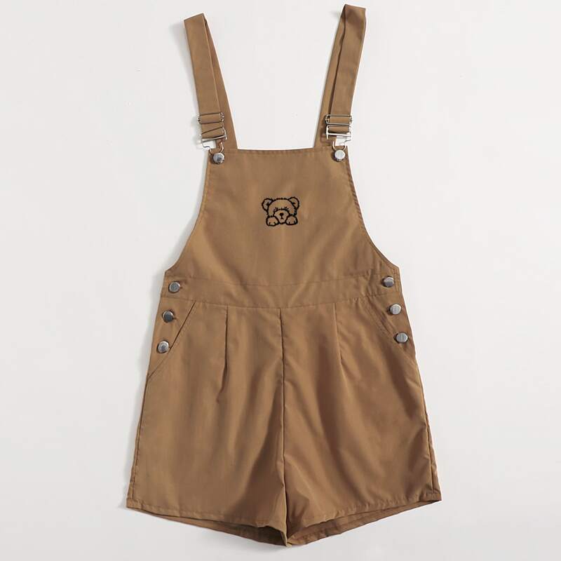 

Cartoon Bear Graphic Jumpsuit, Khaki