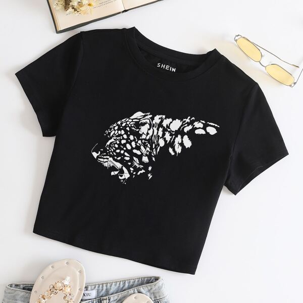 

Leopard Print Short Sleeve Tee, Black