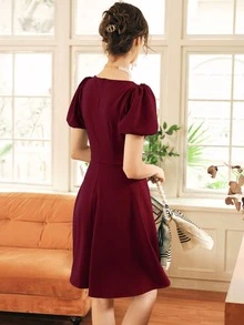 MIUSOL 前蝴蝶結泡泡袖連衣裙 - 酒紅色 - 查看 2