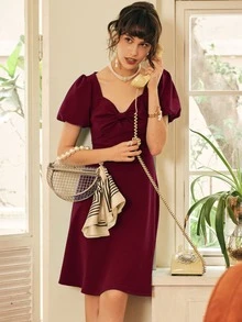 MIUSOL 前蝴蝶結泡泡袖連衣裙 - 酒紅色 - 查看 4