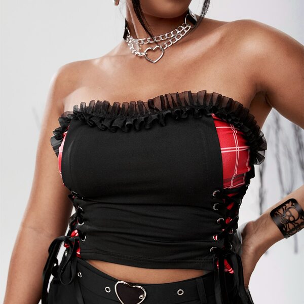 

Plus Colorblock Lace Up Side Tube Top, Black