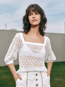 SHEIN Square Neck Guipure Lace Top - White - View 1