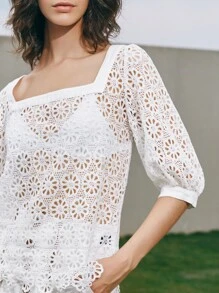 SHEIN Square Neck Guipure Lace Top - White - View 5