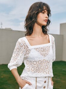 SHEIN Square Neck Guipure Lace Top - White - View 6