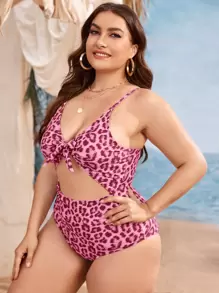 Plus Leopard Cut-out Knot One Piece Swimsuit - Pink - View 1