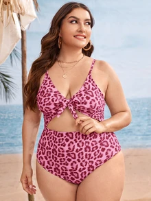 Plus Leopard Cut-out Knot One Piece Swimsuit - Pink - View 3