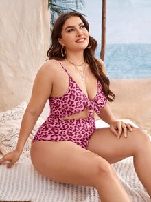 Plus Leopard Cut-out Knot One Piece Swimsuit - Pink - View 4