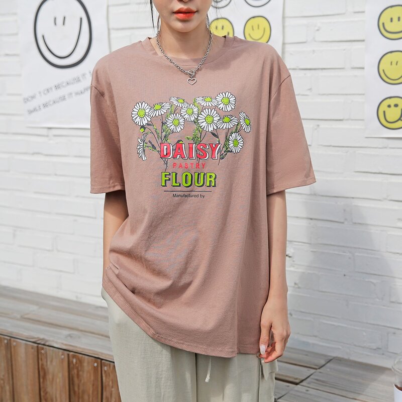 

Letter & Floral Print Tee, Khaki