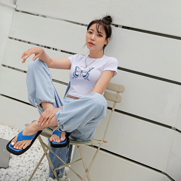 

Drawstring Hem Elastic Waist Jeans, Light wash