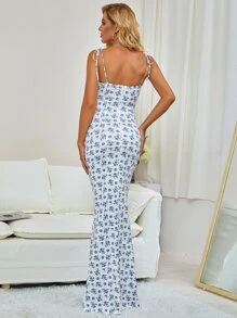PARTHEA Tie Shoulder Fishtail Hem Floral Print Maxi Prom Dress - Blue and White - View 2