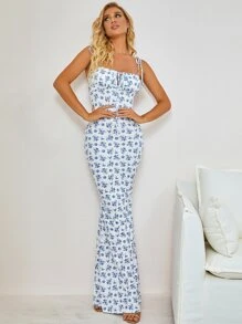 PARTHEA Tie Shoulder Fishtail Hem Floral Print Maxi Prom Dress - Blue and White - View 3