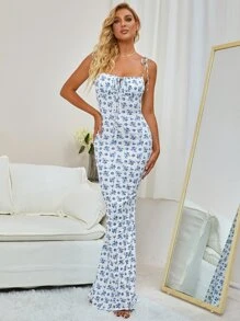 PARTHEA Tie Shoulder Fishtail Hem Floral Print Maxi Prom Dress - Blue and White - View 4