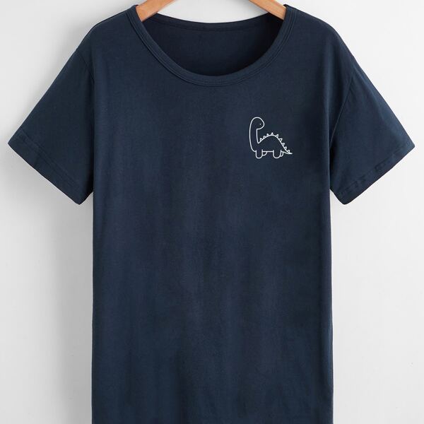 

Plus Cartoon Dinosaur Print Tee, Navy blue