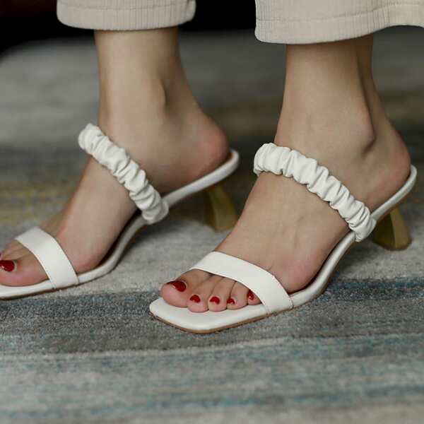 

Minimalist Ruched Design Leather Sandal Mules, White