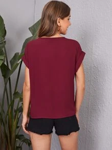SHEIN LUNE Rolled Cuff Zip Half Placket Top - Burgundy - View 2