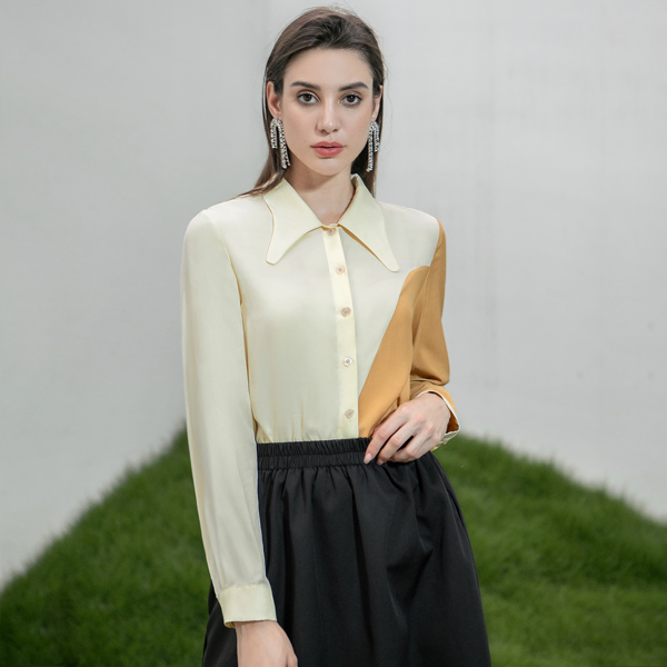 

Color Block Button Up Blouse, Beige