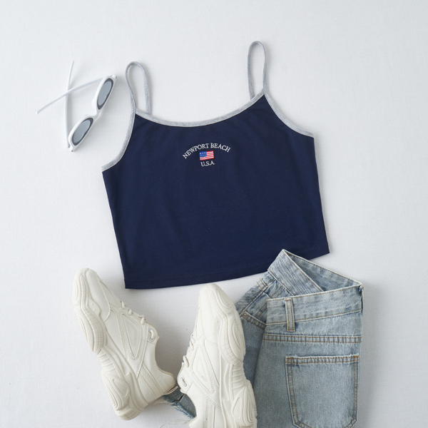 

Plus Letter And American Flag Embroidery Cami Top, Navy blue