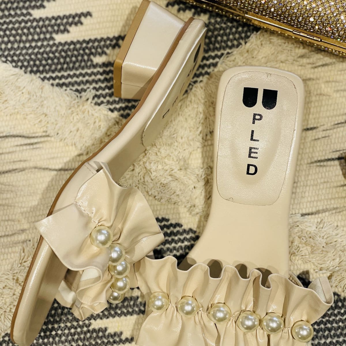 

Faux Pearl Decor Slide Sandals, Beige
