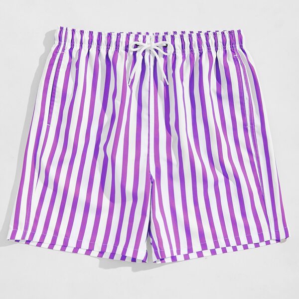 

Men Striped Print Drawstring Waist Swim Trunks, Violet purple