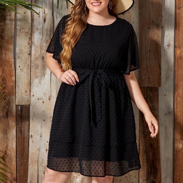 

Plus Swiss Dot Self Tie Dress, Black