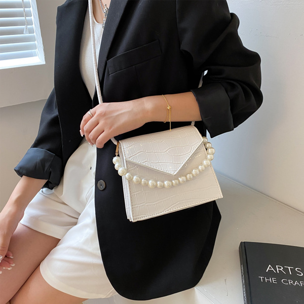 

Faux Pearl Decor Croc Embossed Crossbody Bag, White
