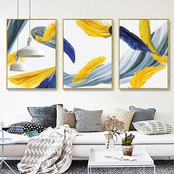 

3pcs Feather Print Unframed Painting, Multicolor