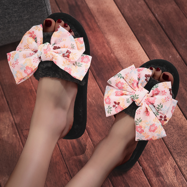 

Floral Graphic Bow Decor Fluffy Slippers, Pink