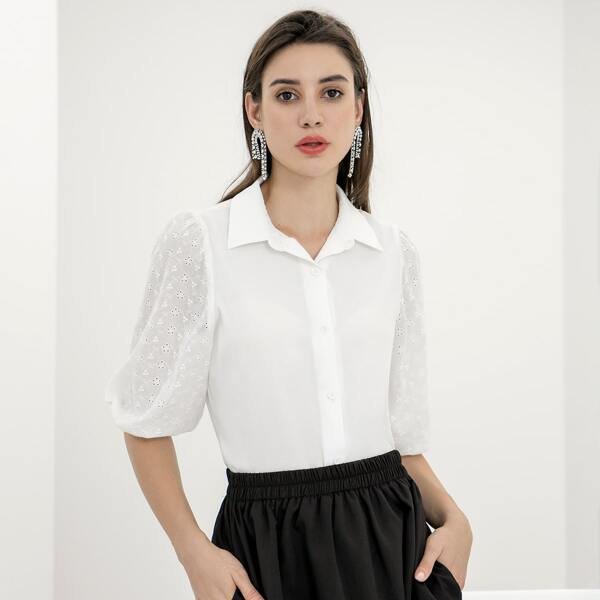 

Solid Eyelet Embroidery Sleeve Blouse, White