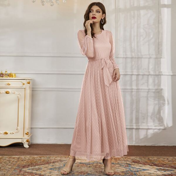 

Dobby Mesh Bishop Sleeve Belted Maxi Dress, Pink