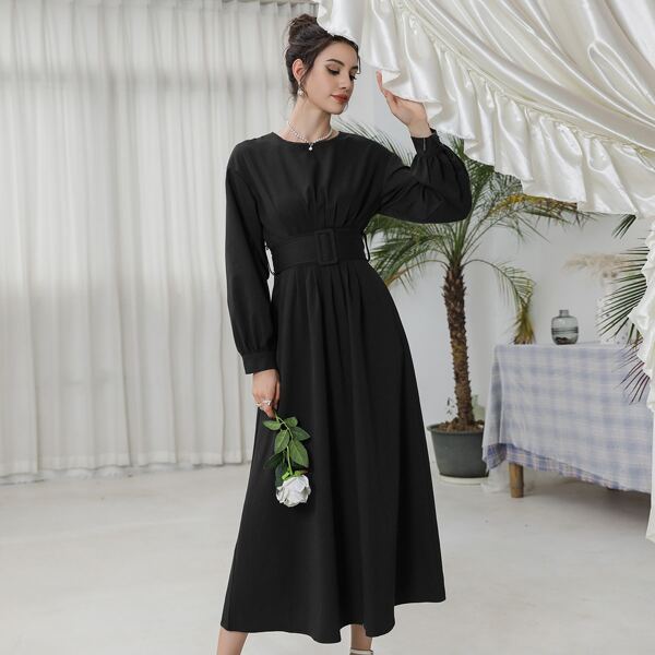 

Solid Drop Shoulder Belted Dress, Black