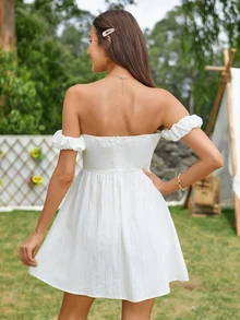 Double Crazy Off Shoulder Zip Back Dress - White - View 2
