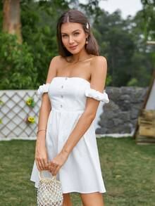 Double Crazy Off Shoulder Zip Back Dress - White - View 6