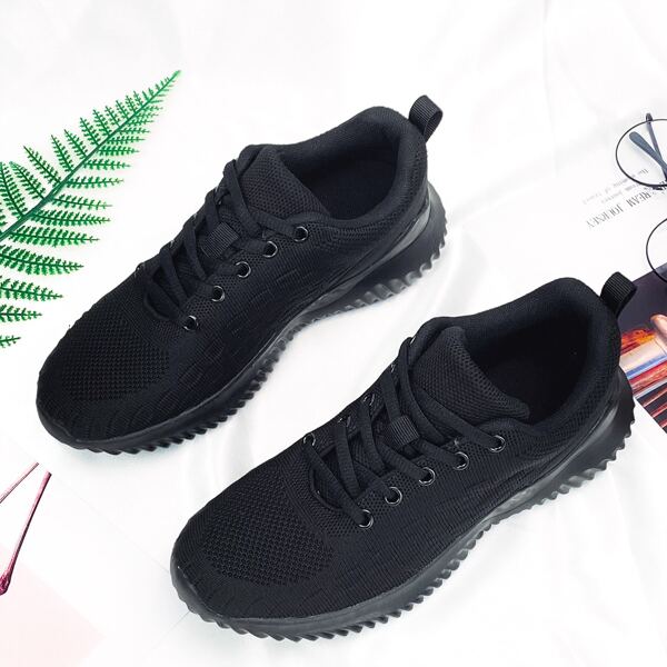 

Minimalist Lace-up Front Breathable Knit Sneakers, Black