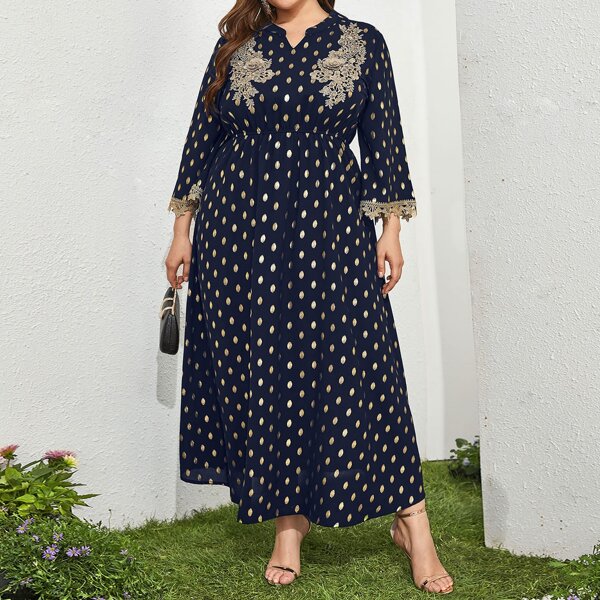 

Plus Lace Trimed Geo A-line Dress, Navy blue