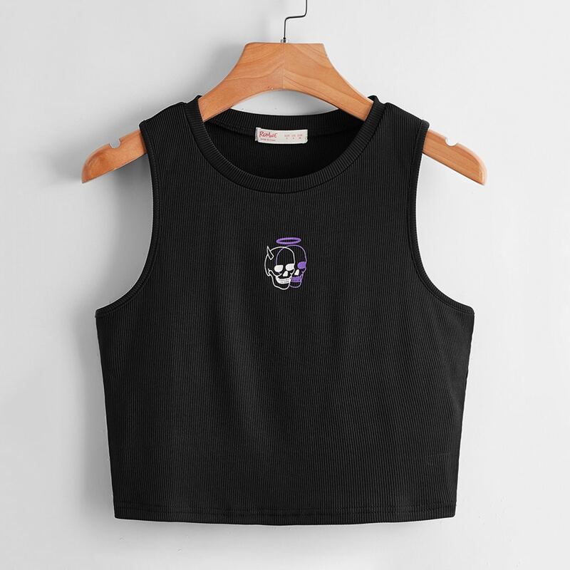 

Skull Graphic Ribbed Tank Top, Black