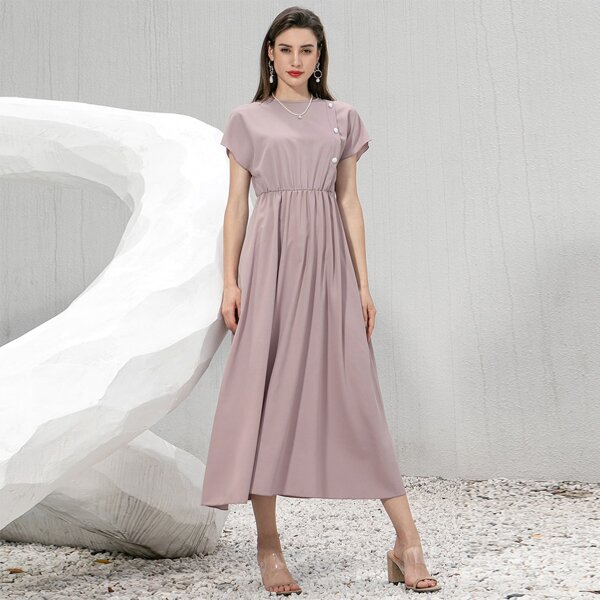 

Button Front Batwing Sleeve A-line Dress, Dusty purple