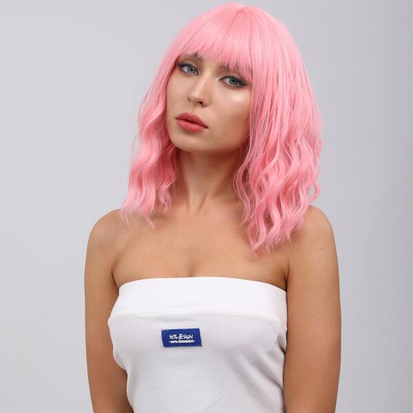 

Natural Curly Wig With Bangs, Pink