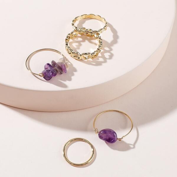 

5pcs Stone Detail Ring, Gold