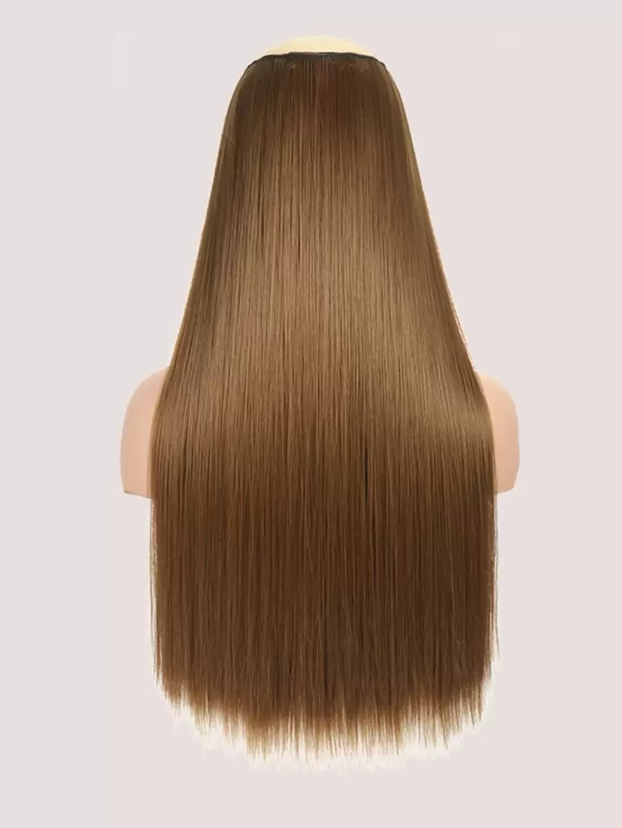 Hair extension in a piece style 5 clips in a long straight wig, synthetic wig piece - Brown - View 1