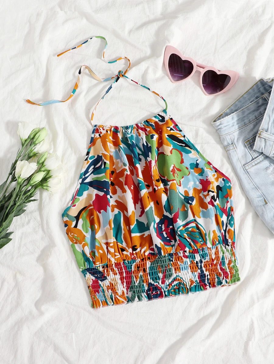 SHEIN Unity Floral Print Tied Backless Shirred Top - Multicolor - View 1