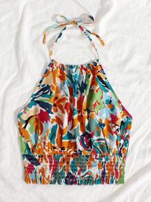 SHEIN Unity Floral Print Tied Backless Shirred Top - Multicolor - View 3