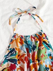 SHEIN Unity Floral Print Tied Backless Shirred Top - Multicolor - View 4