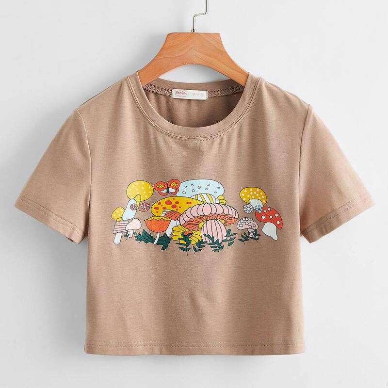 

Mushroom & Butterfly Graphic Crop Tee, Apricot